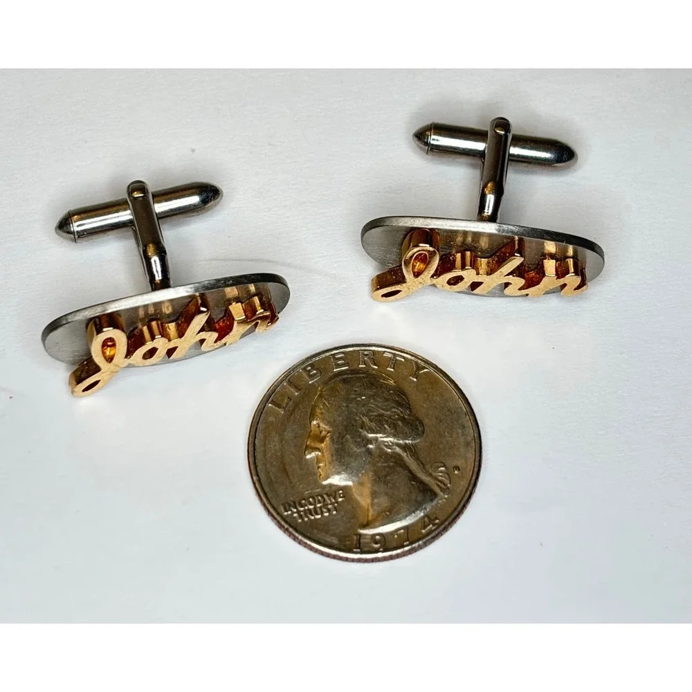 Vintage Swank Mens Cufflinks Two Tone Silver Gold Name John Script Personalized